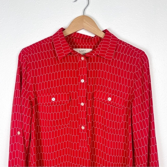 Loft Size: M geometric red long sleeve button up blouse - Picture 3 of 8